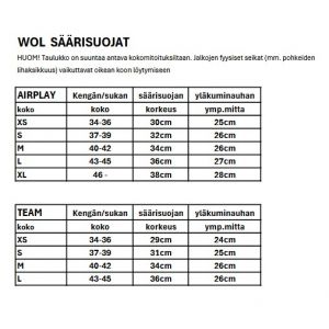 Säärisuojien kokomitoitustaulukko